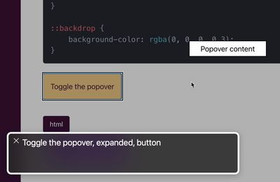 VoiceOver dialog declaring the popover as expanded when popover is activated