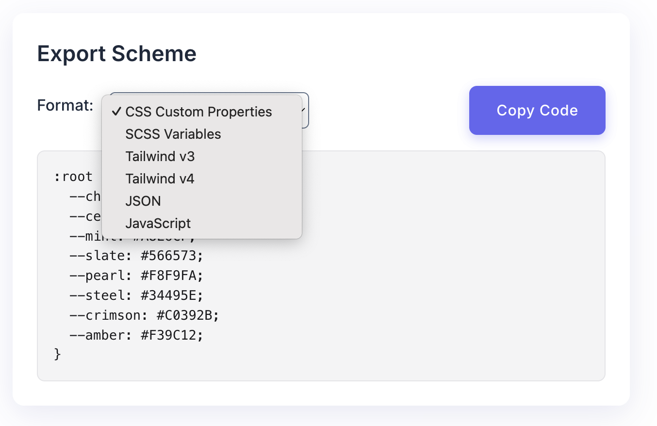Application showing the export functionality for a colour palette.